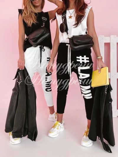 Ефектно долнище LA в черно, бяло и розово - код P216