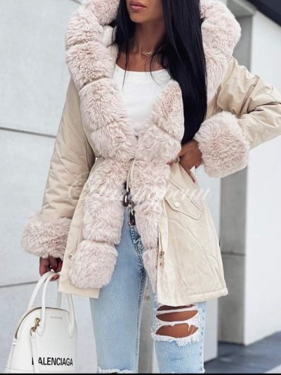 Дамска парка "Nora" в кремав цвят и пух - код 6070