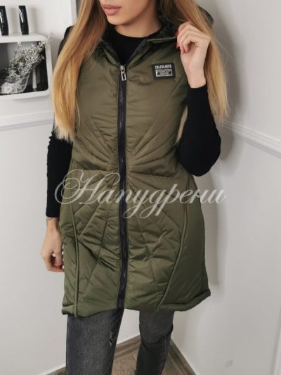 Дамски елек в зелен цвят с качулка и апликация