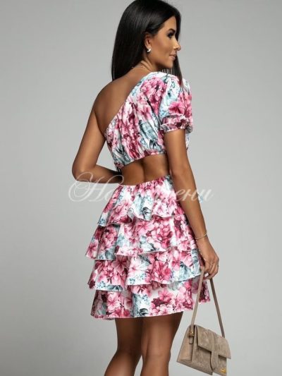 Ефектна рокля с 1 ръкав и цветя – код 3127