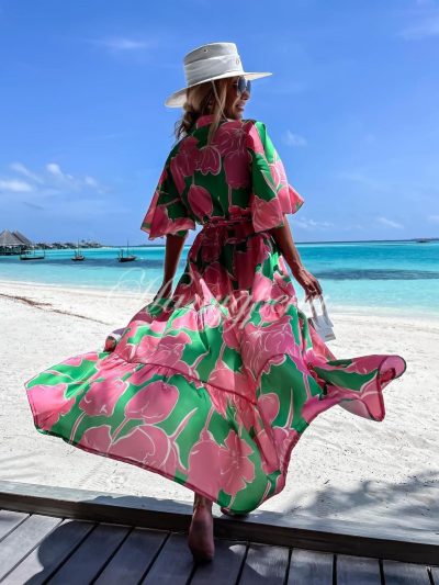 Дамска ежедневна рокля с копчета и розови цветя – код 3187