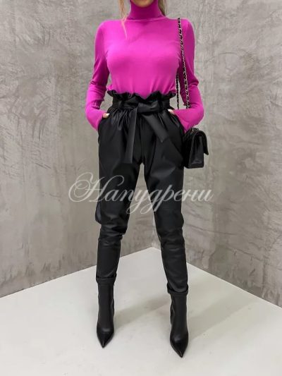 Дамски кожен панталон с връзка в черно - код 3823