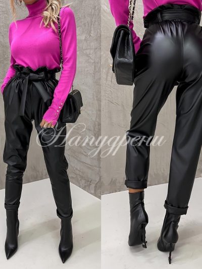 Дамски кожен панталон с връзка в черно - код 3823