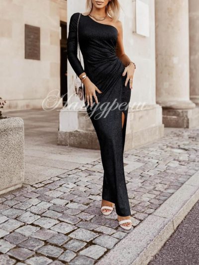 Елегантна дълга рокля с 1 ръкав - код 3935