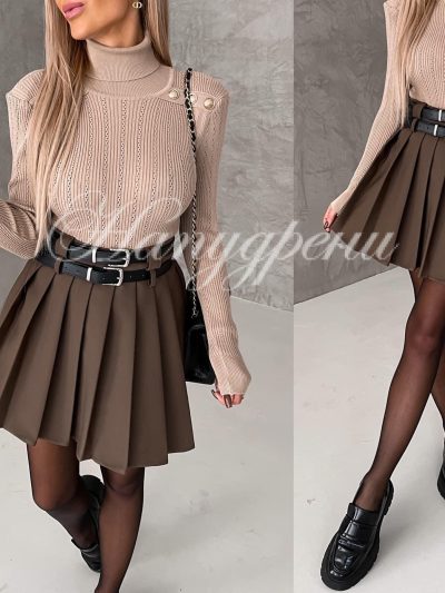 Разкроена пола с ефектно коланче в кафяво - код 4020