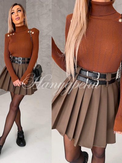 Разкроена пола с ефектно коланче в кафяво - код 4020