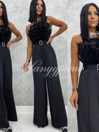 Стилен гащеризон с пера в черен цвят - код 4023