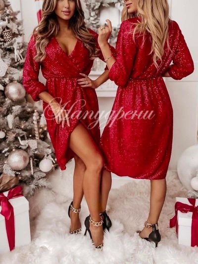 Стилна блестяща рокля в червен цвят - код 4043