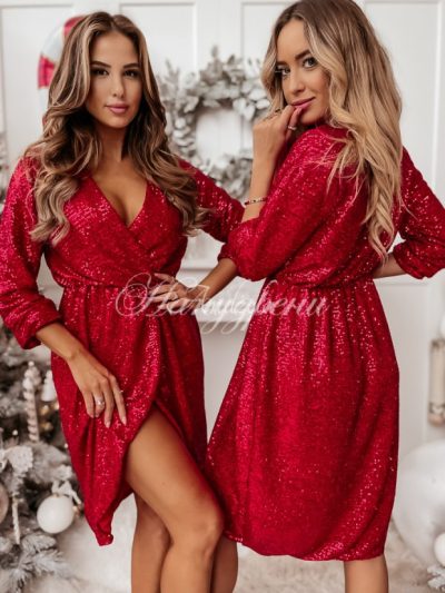 Стилна блестяща рокля в червен цвят - код 4043