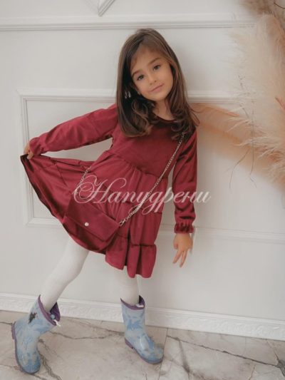 Детска велурена рокля в цвят бордо - код 4074