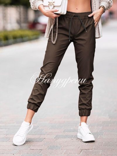 Дамски панталон с връзки в кафяво - код 4089