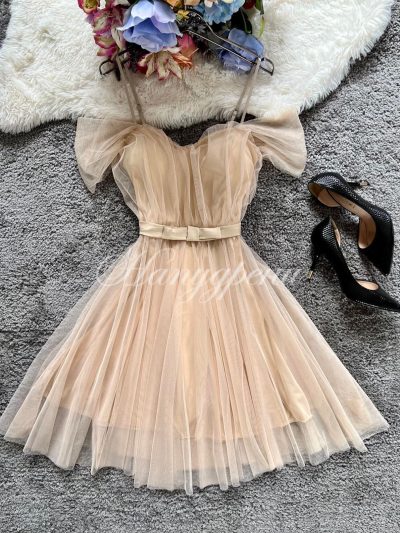 Дамска тюлена рокля в бежов цвят - код 4109