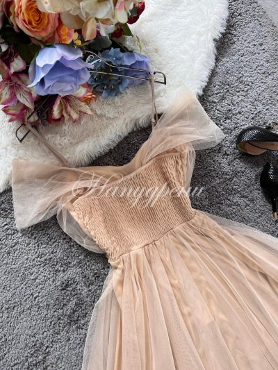 Дамска тюлена рокля в бежов цвят - код 4109