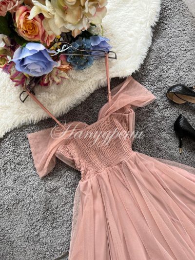 Дамска тюлена рокля в розов цвят – код 4111