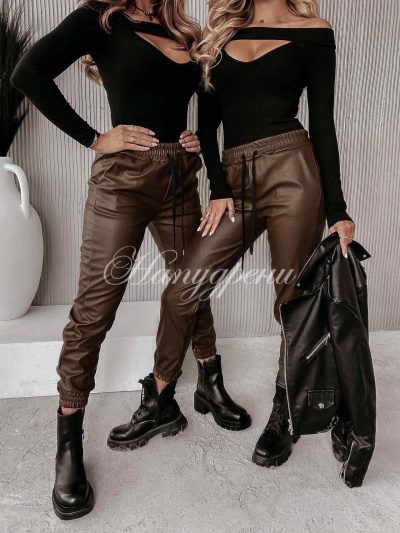 Дамски панталон с връзки в кафяво - код 4089