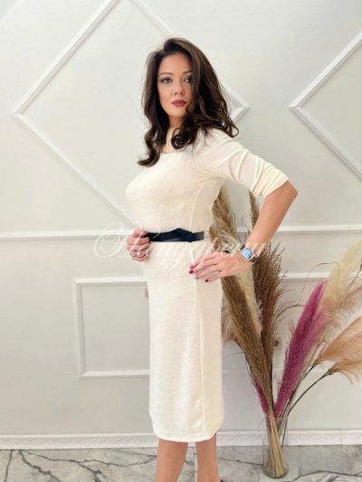 Дамска рокля с ефектно коланче в бежово – код 4209