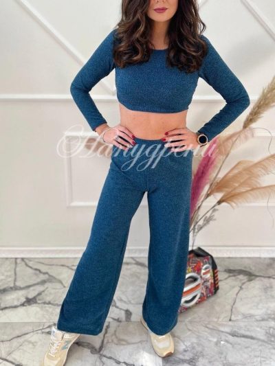 Дамски сет с къс топ в син цвят - код 4205