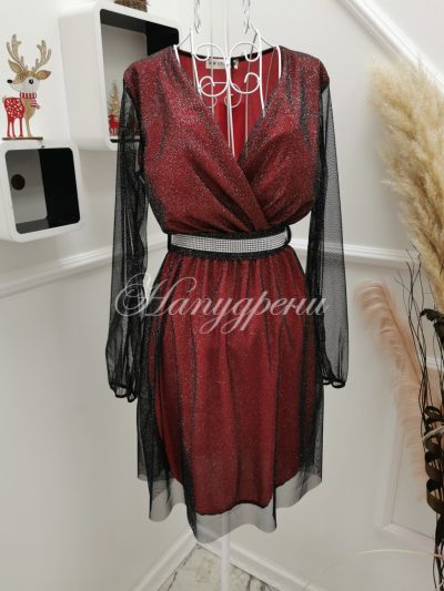 Блестяща рокля с коланче в червено – код 4105