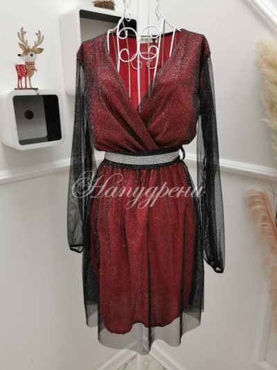 Блестяща рокля с коланче в червено – код 4105