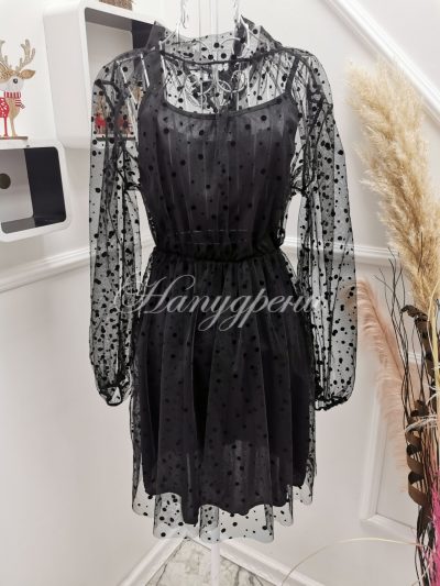 Ефектна тюлена рокля с черни точки - код 4108