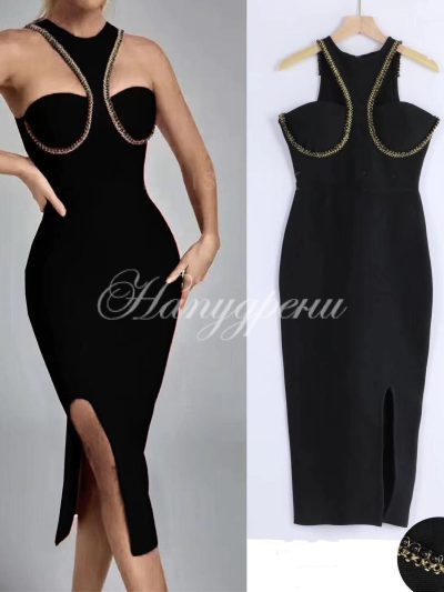 Стилна бандажна рокля със златисто - код 4344