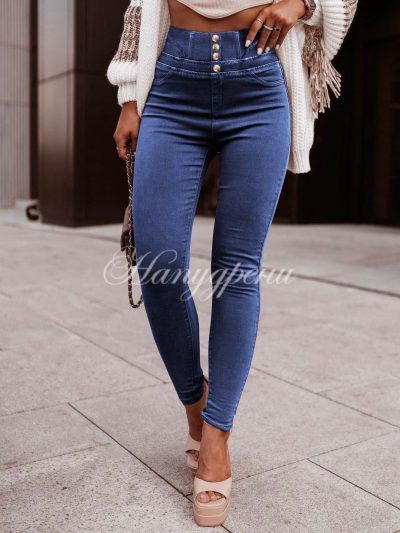 Дамски вталени дънки с копчета в син цвят - код 4506