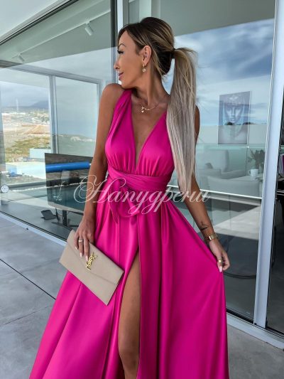 Дълга рокля сатен "Amanda" в цикламен цвят - код 4707