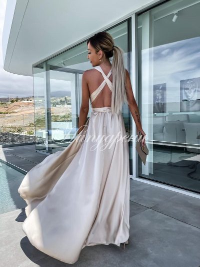 Дълга рокля сатен "Amanda" в бежов цвят - код 4708