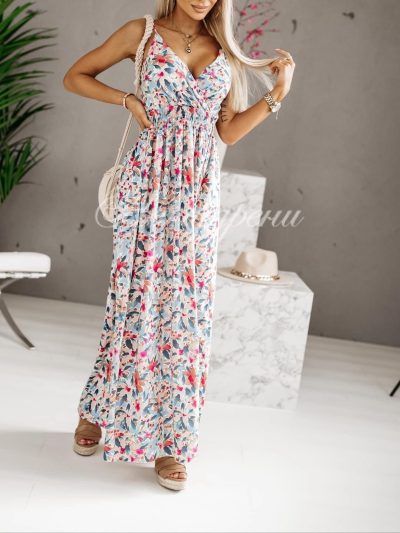 Дълга рокля със свежи цветя в бяла разцветка - код 4836