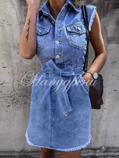 Дамска дънкова рокля с коланче - код 4894