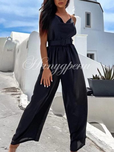 Стилен гащеризон сатен с коланче в 2 цвята - код 4855