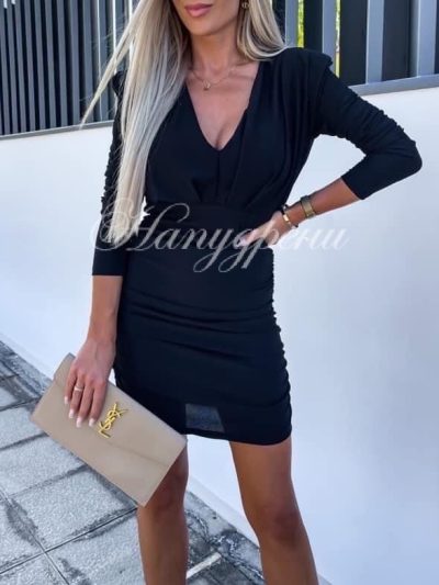 Елегантна рокля с набори "Silvia" в черен цвят - код 4870