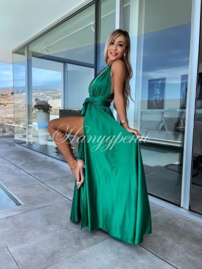 Дълга рокля сатен "Amanda" в тъмнозелен цвят - код 4949