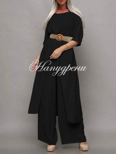 Дамски свободен комплект с колан в черен цвят - код 4969