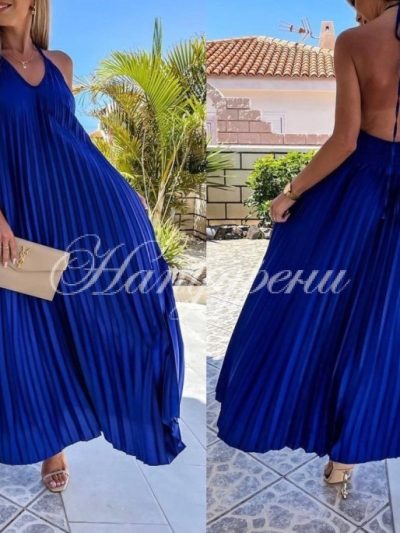 Дълга плисирана рокля "Berry" в син цвят - код 5219