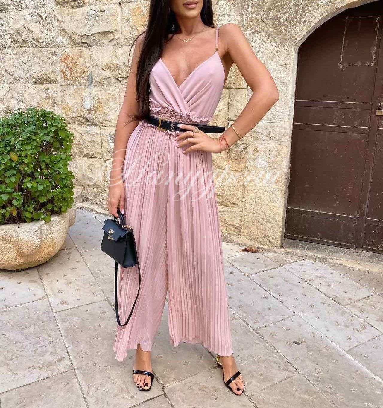 Дамски гащеризон "Alla" с коланче в розов цвят - код 5140 Дамски гащеризон "Alla" с коланче в розов цвят - код 5140