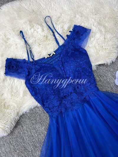 Официална рокля с дантела и тюл в син цвят – код 5104