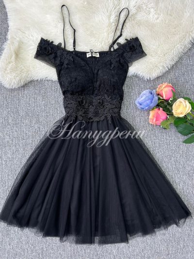 Официална рокля с дантела и тюл в черен цвят - код 5102