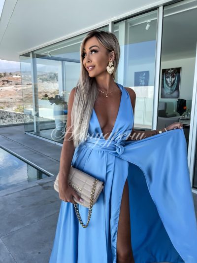 Дълга рокля сатен “Amanda” в светлосин цвят - код 5184