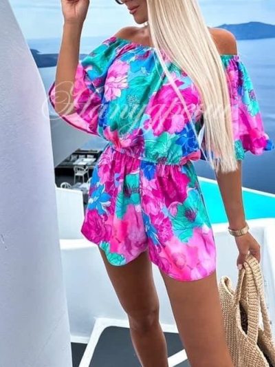 Дамски гащеризон с паднали ръкави в розова разцветка - код 5220