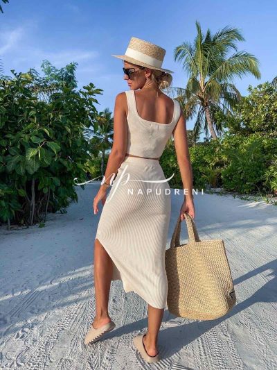 Ефектен сет с дълга пола в бежов цвят - код 5330