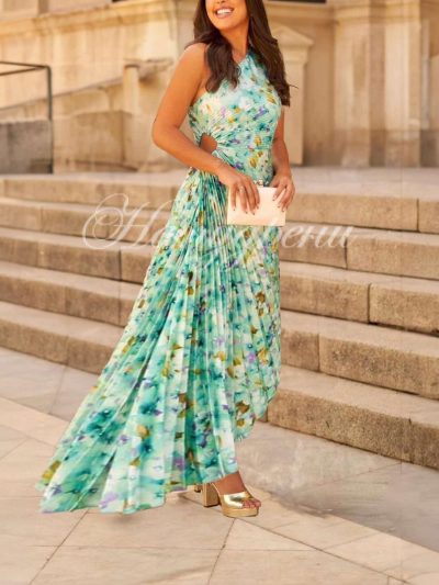Асиметрична рокля солей "Sunset" в зелена разцветка - код 5519