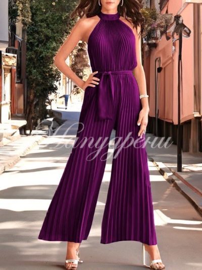 Дамски плисиран гащеризон с коланче в лилав цвят - код 5516