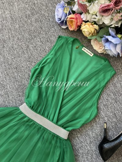 Дамска рокля "Aglaya" с блестящо коланче в зелено - код 5661
