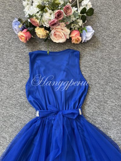 Дамска рокля "Aglaya" с блестящо коланче в синьо - код 5660