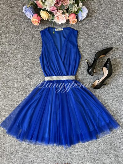 Дамска рокля "Aglaya" с блестящо коланче в синьо - код 5660