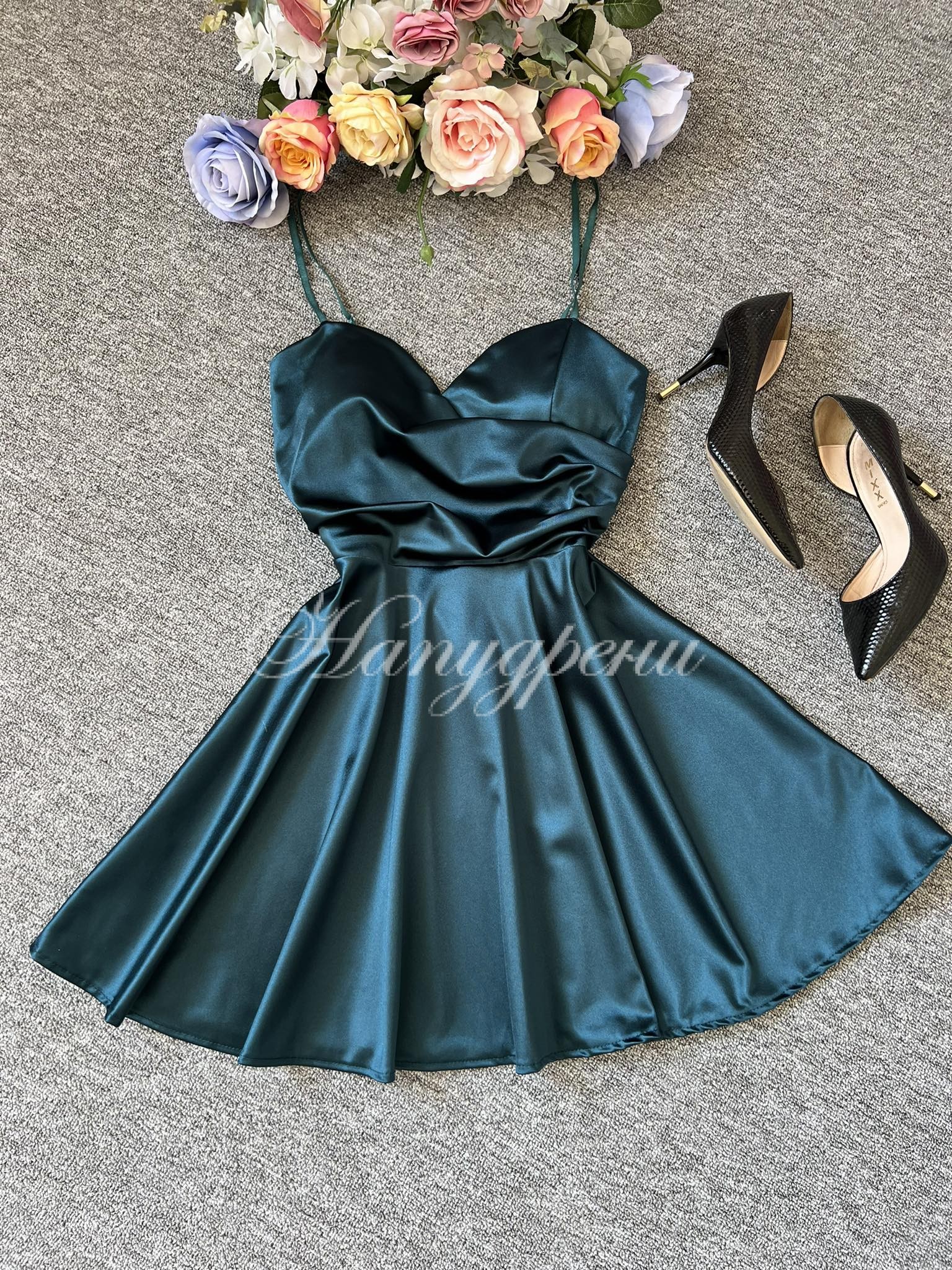 Кукленска рокля сатен "Ksenia" в цвят петрол - код 5654 Кукленска рокля сатен "Ksenia" в цвят петрол - код 5654