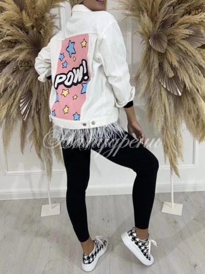 Бяло дънково яке с ефектна апликация и пера - код 5722