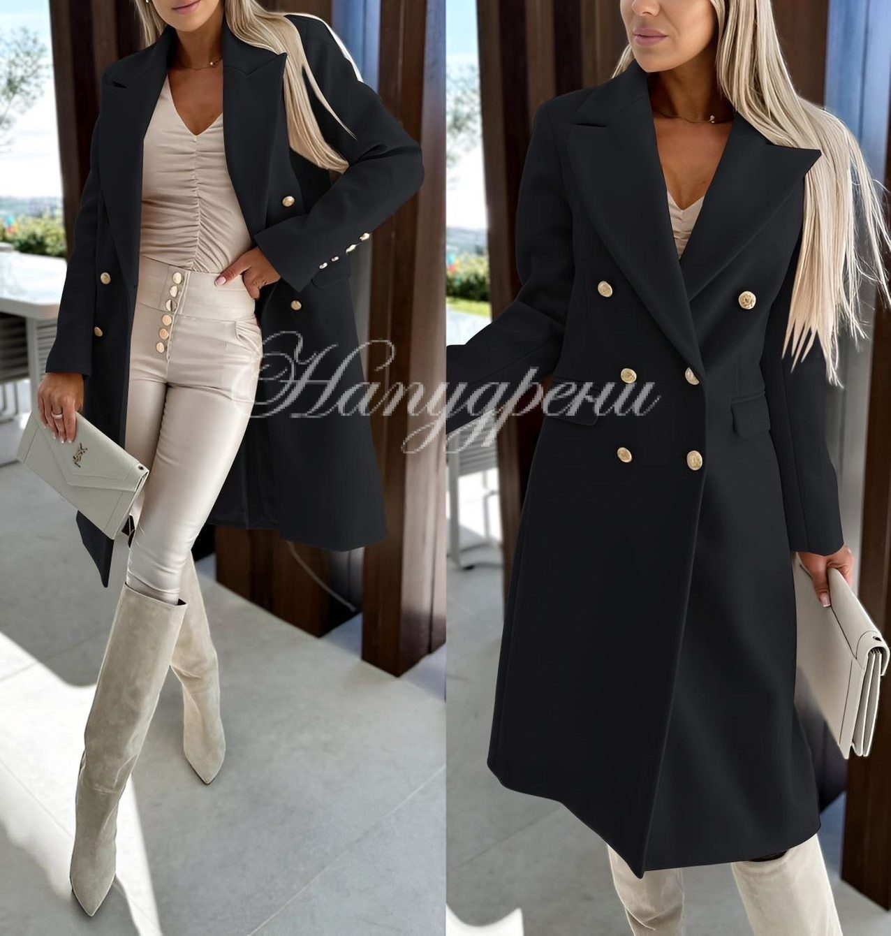 Дамско палто с двуредови копчета в черен цвят