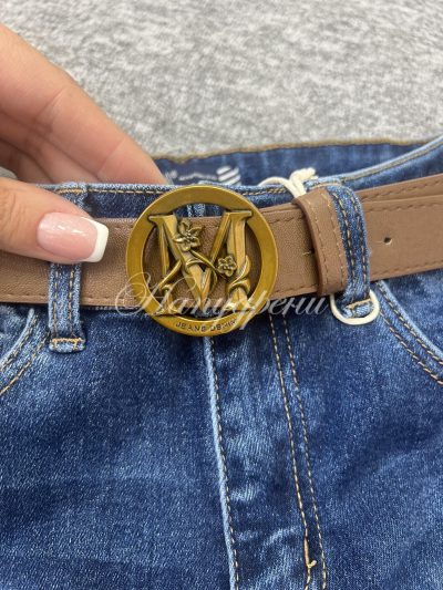 Дамски сини дънки с кафяв колан - код 5861